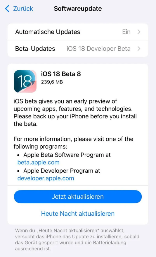 潮安苹果手机维修分享苹果 iOS / iPadOS 18 开发者预览版 Beta 8 发布 